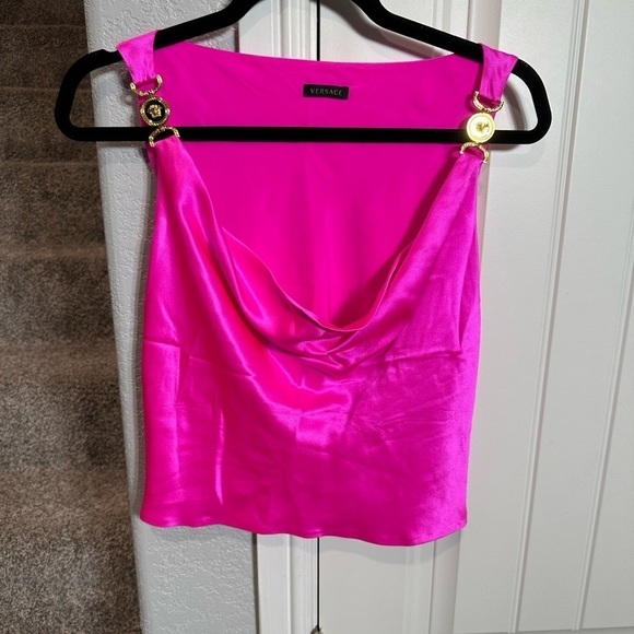 Versace Medusa cowl neck pink silk top with gold hardware - Picture 3 of 15